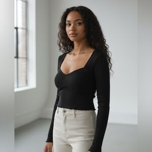 H&M Black Ribbed Corset Style Top | Long Sleeve Sweetheart Neck | Size M